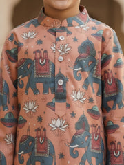 Boys Vibrant Digital Printed Kurta Pyjama Set - Peach