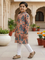 Boys Vibrant Digital Printed Kurta Pyjama Set - Peach