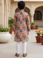 Boys Vibrant Digital Printed Kurta Pyjama Set - Peach