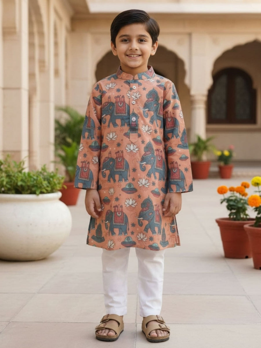 Boys Vibrant Digital Printed Kurta Pyjama Set - Peach
