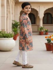 Boys Vibrant Digital Printed Kurta Pyjama Set - Peach