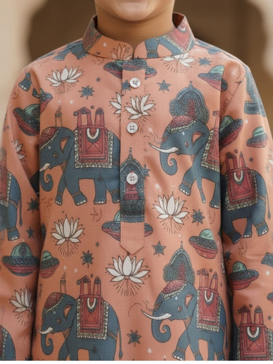 Boys Vibrant Digital Printed Kurta - Peach
