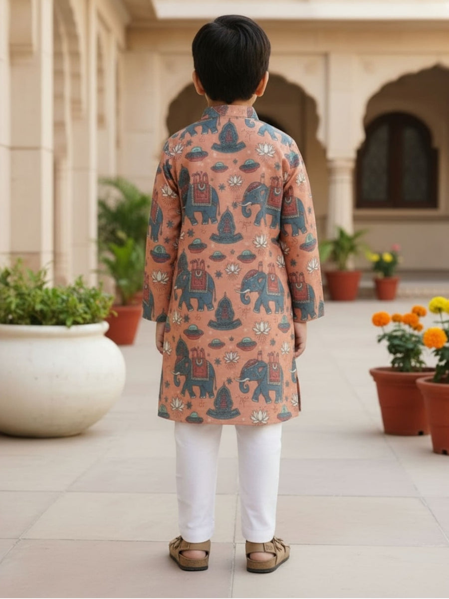 Boys Vibrant Digital Printed Kurta - Peach