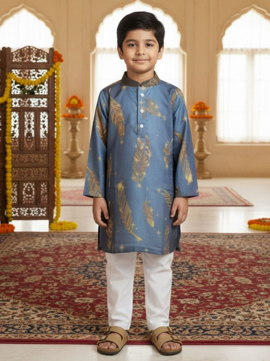 Boys Vibrant Digital Printed Kurta Pyjama Set - Dusty Blue