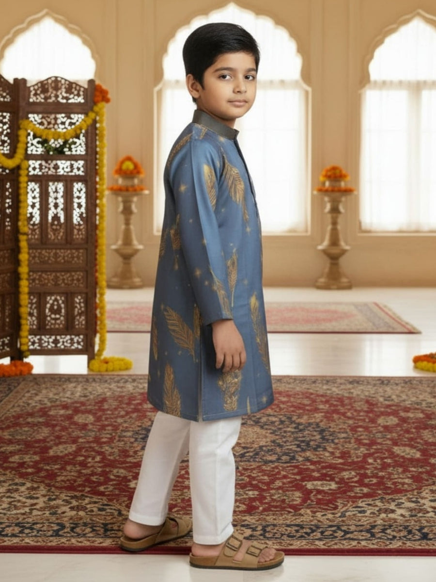 Boys Vibrant Digital Printed Kurta Pyjama Set - Dusty Blue