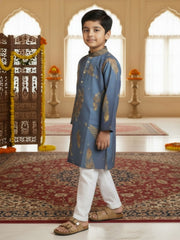 Boys Vibrant Digital Printed Kurta Pyjama Set - Dusty Blue
