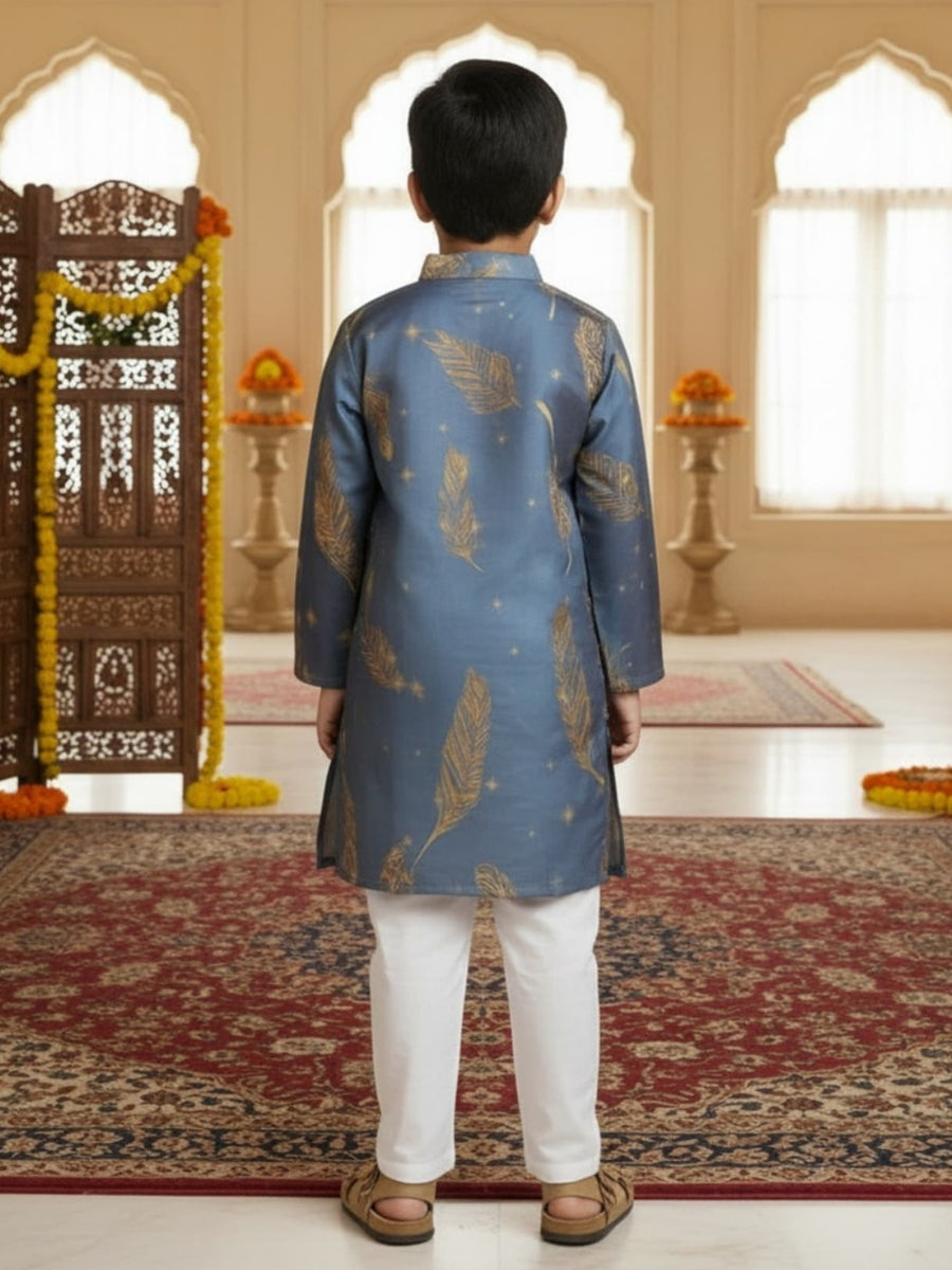 Boys Vibrant Digital Printed Kurta Pyjama Set - Dusty Blue