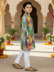 Boys Vibrant Digital Printed Kurta Pyjama Set - Dusty Blue