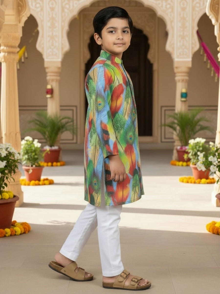 Boys Vibrant Digital Printed Kurta Pyjama Set - Dusty Blue