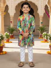 Boys Vibrant Digital Printed Kurta Pyjama Set - Dusty Blue