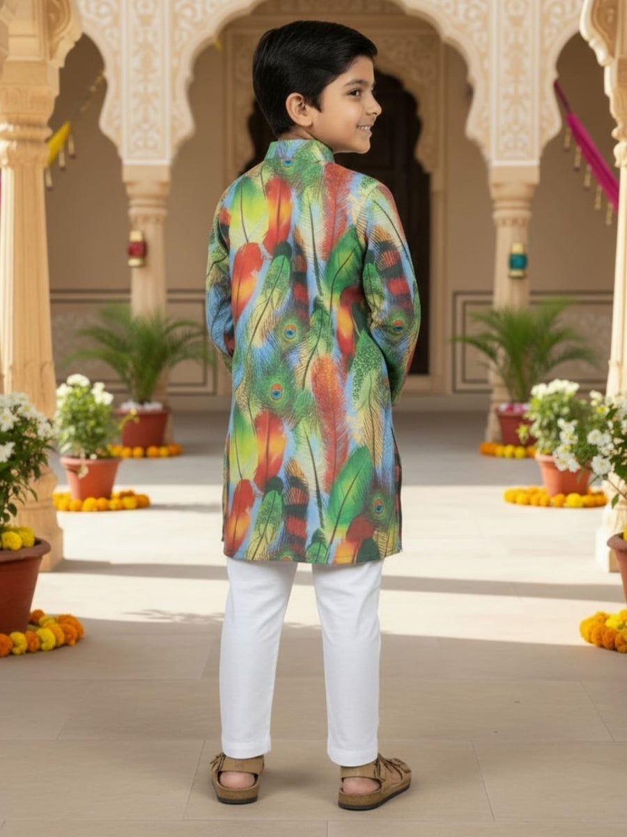Boys Vibrant Digital Printed Kurta Pyjama Set - Dusty Blue