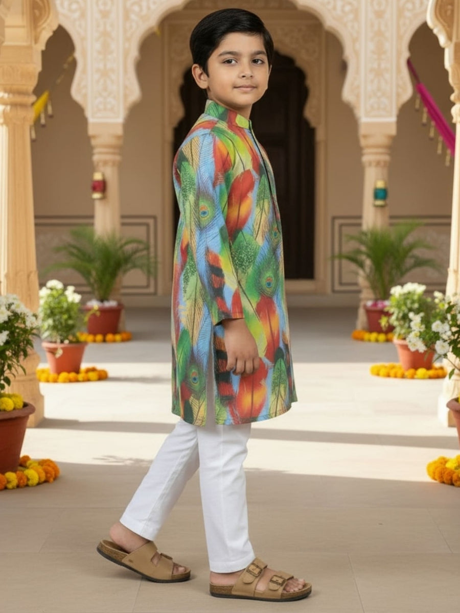 Boys Vibrant Digital Printed Kurta - Dusty Blue