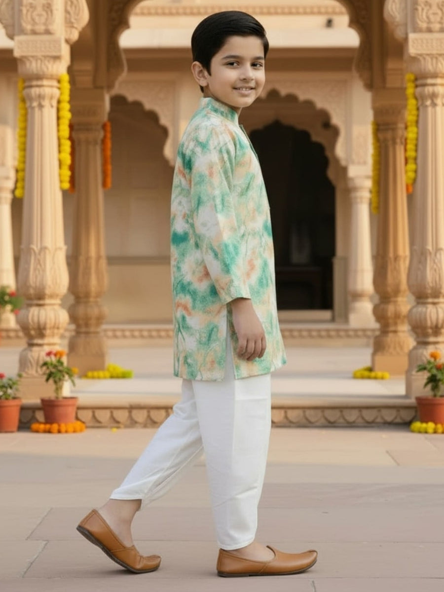 Boys Vibrant Digital Printed Kurta Pyjama Set - Sage Green