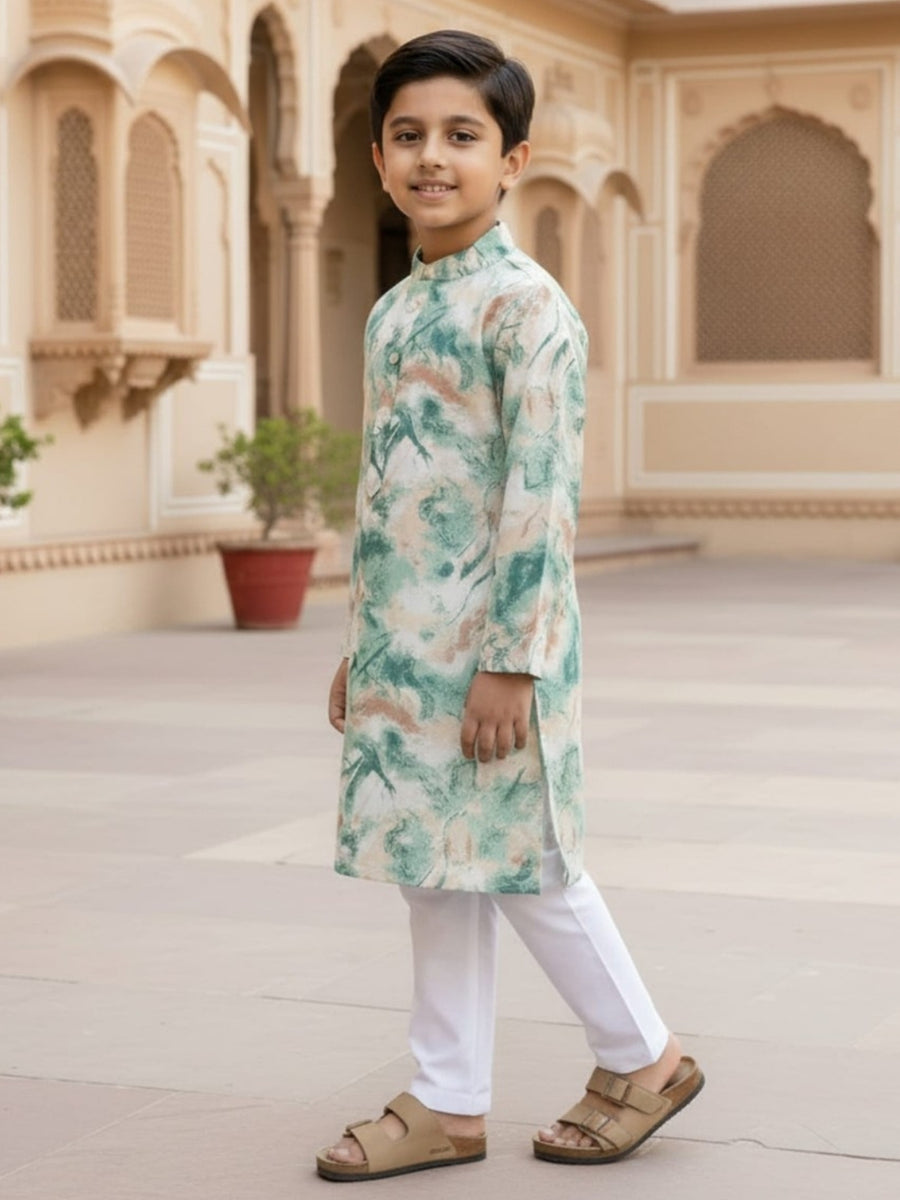 Boys Vibrant Digital Printed Kurta - Sage Green