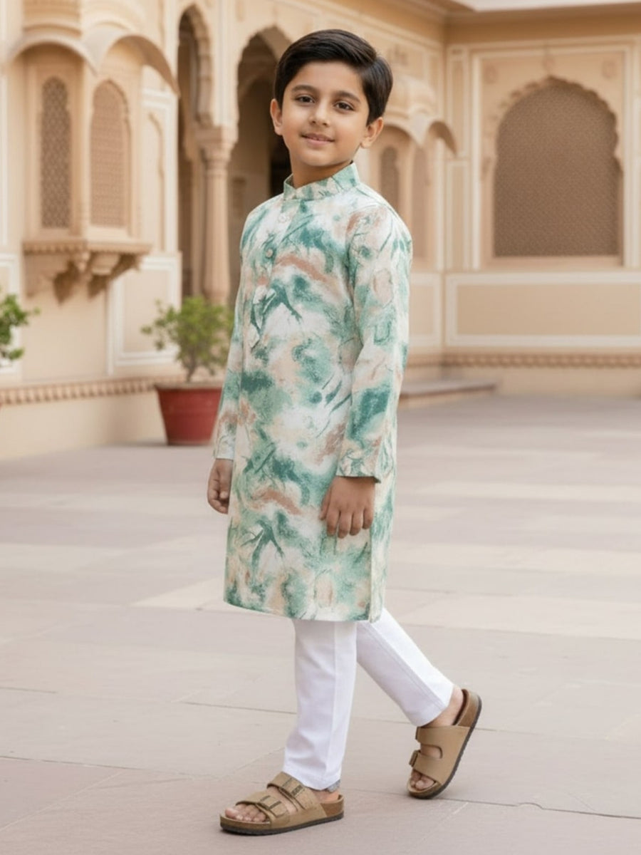 Boys Vibrant Digital Printed Kurta - Sage Green