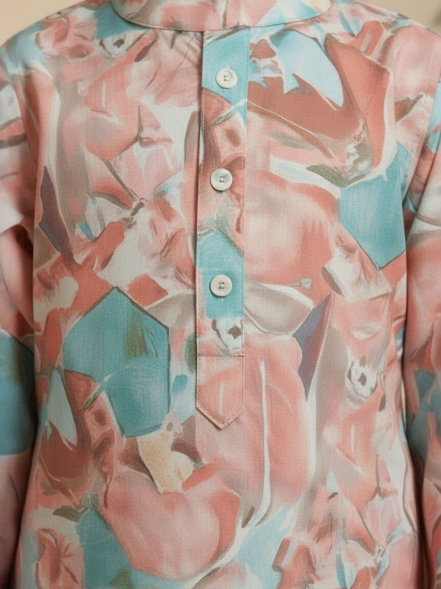 Boys Vibrant Digital Printed Kurta Pyjama Set - Pastel Peach