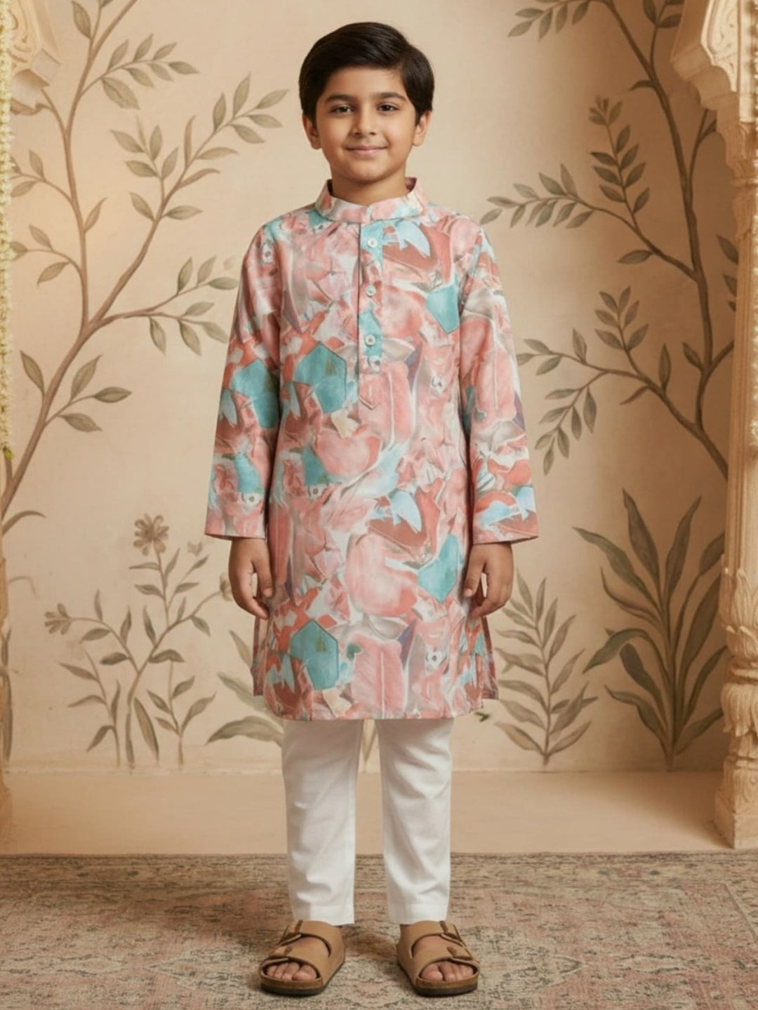 Boys Vibrant Digital Printed Kurta Pyjama Set - Pastel Peach