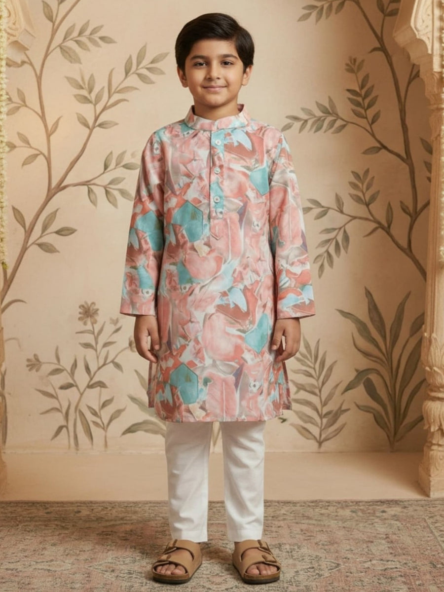 Boys Vibrant Digital Printed Kurta Pyjama Set - Pastel Peach