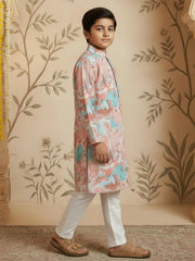 Boys Vibrant Digital Printed Kurta Pyjama Set - Pastel Peach