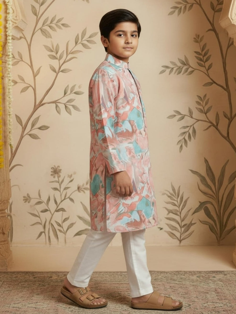 Boys Vibrant Digital Printed Kurta Pyjama Set - Pastel Peach