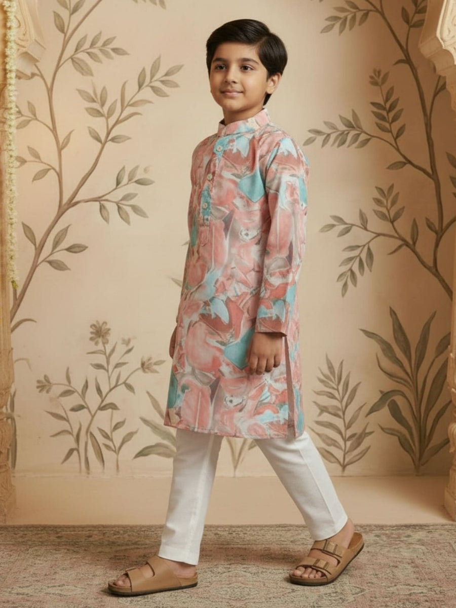 Boys Vibrant Digital Printed Kurta Pyjama Set - Pastel Peach