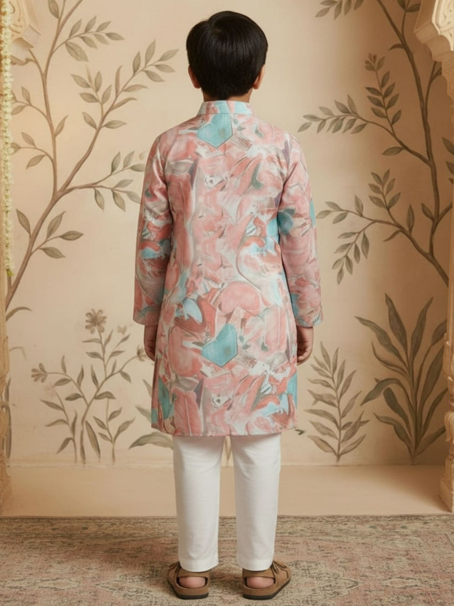 Boys Vibrant Digital Printed Kurta Pyjama Set - Pastel Peach