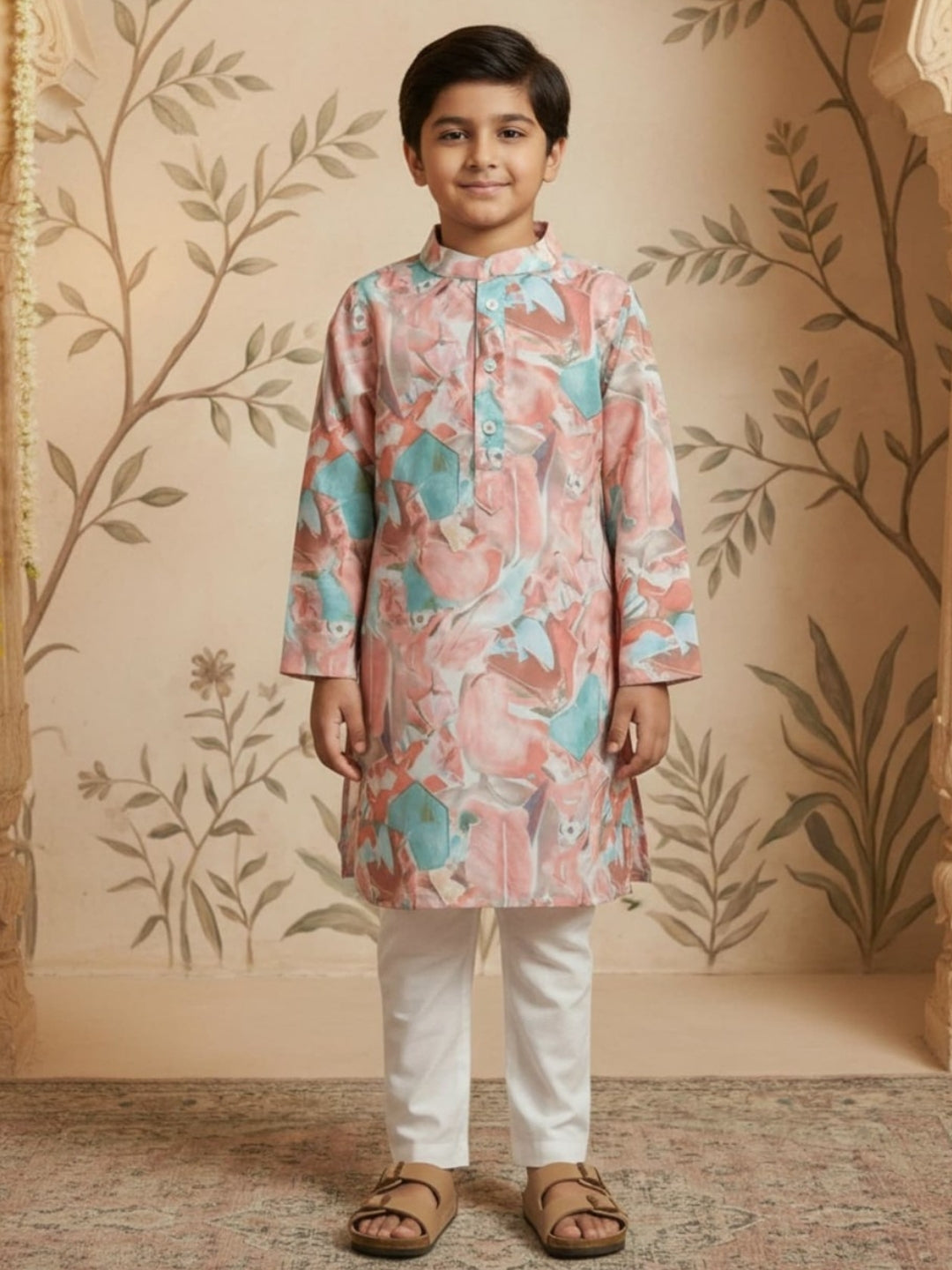 Boys Vibrant Digital Printed Kurta - Pastel Peach