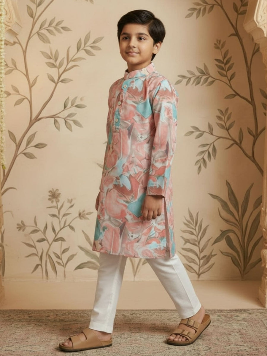 Boys Vibrant Digital Printed Kurta - Pastel Peach