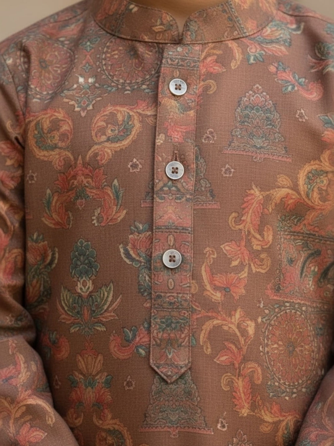 Boys Vibrant Digital Printed Kurta Pyjama Set - Earthy Brown