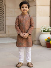 Boys Vibrant Digital Printed Kurta Pyjama Set - Earthy Brown