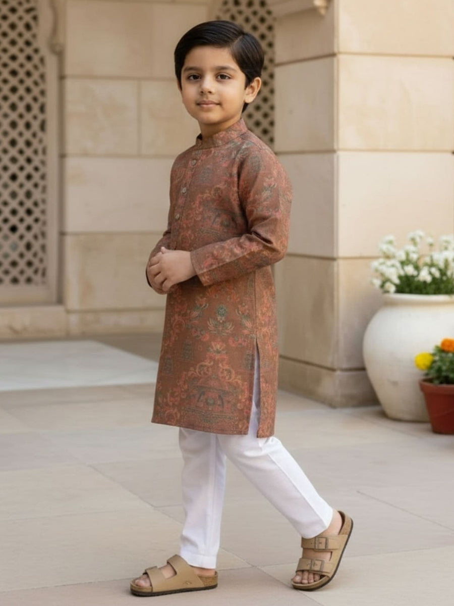 Boys Vibrant Digital Printed Kurta Pyjama Set - Earthy Brown