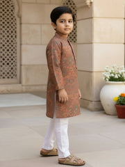 Boys Vibrant Digital Printed Kurta Pyjama Set - Earthy Brown