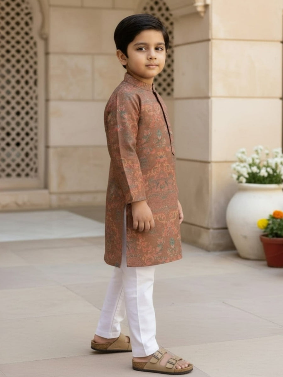 Boys Vibrant Digital Printed Kurta Pyjama Set - Earthy Brown