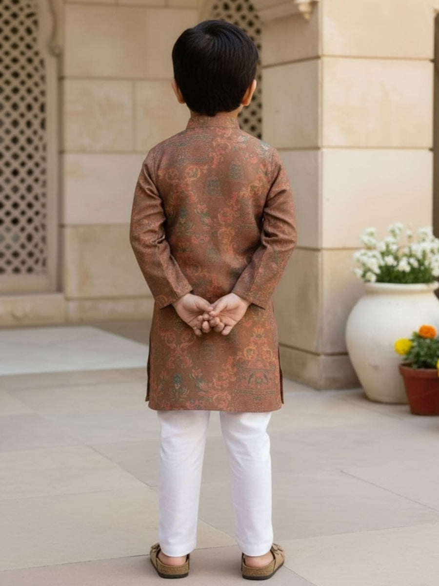 Boys Vibrant Digital Printed Kurta Pyjama Set - Earthy Brown