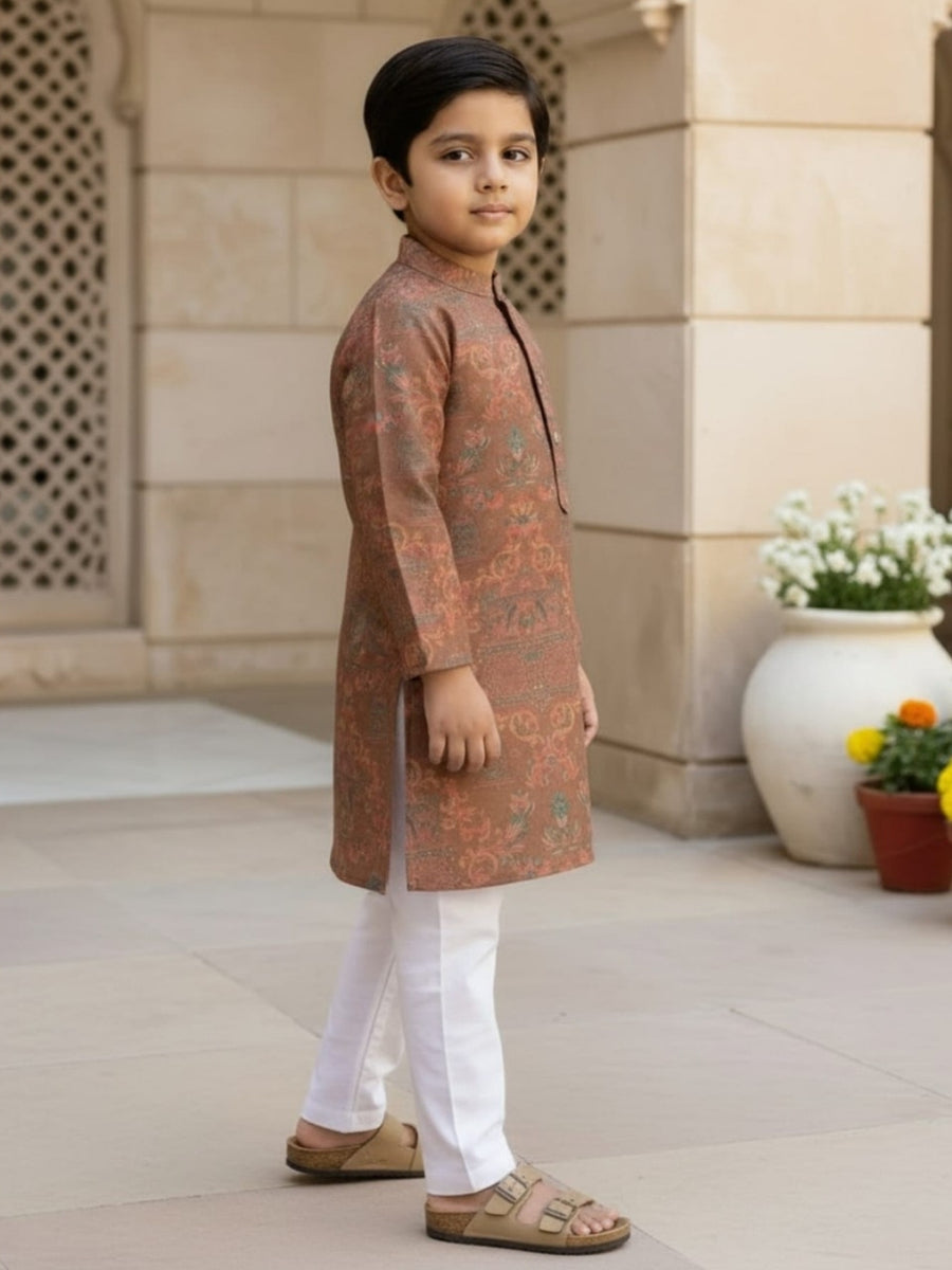 Boys Vibrant Digital Printed Kurta - Earthy Brown