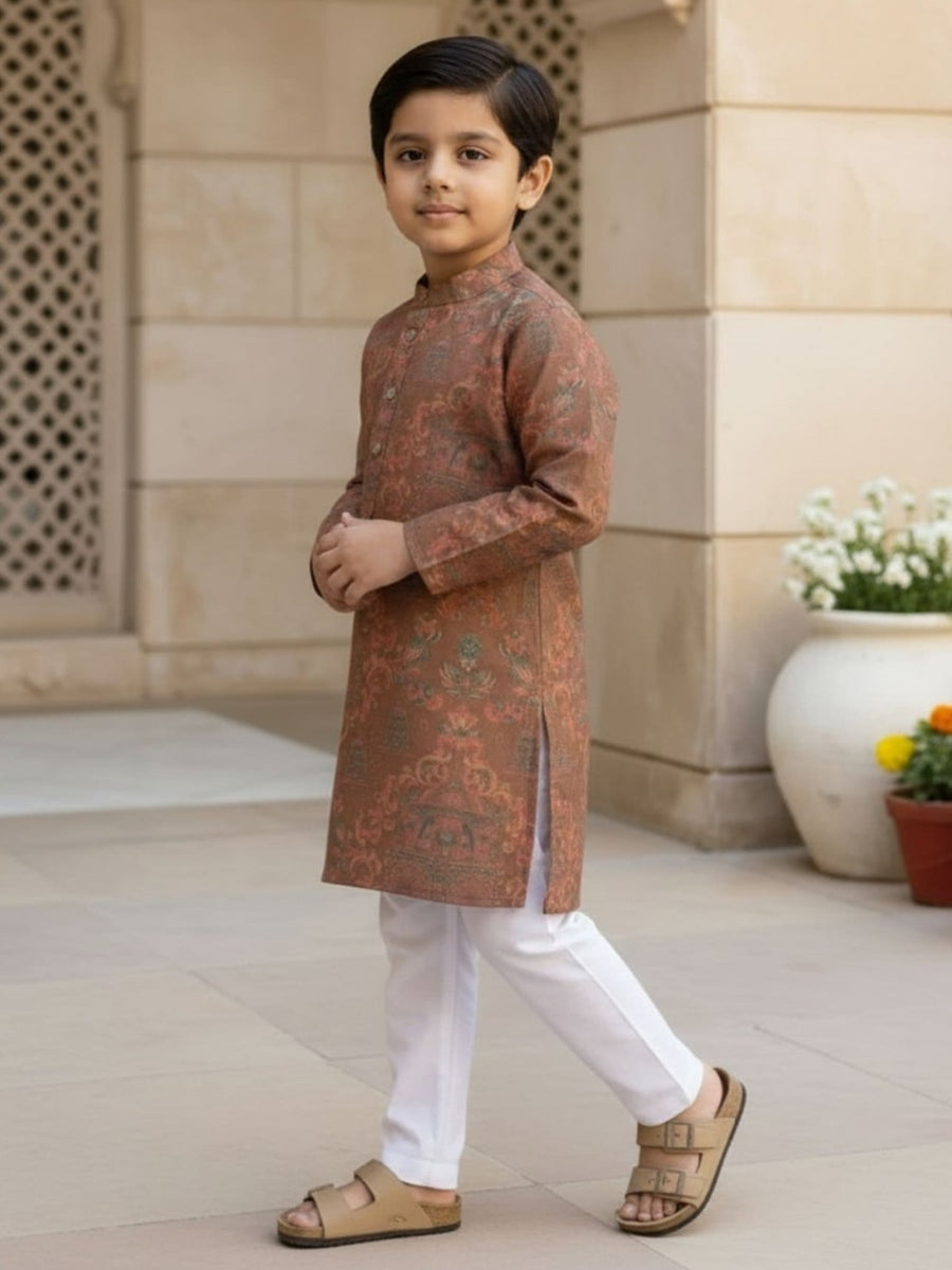 Boys Vibrant Digital Printed Kurta - Earthy Brown
