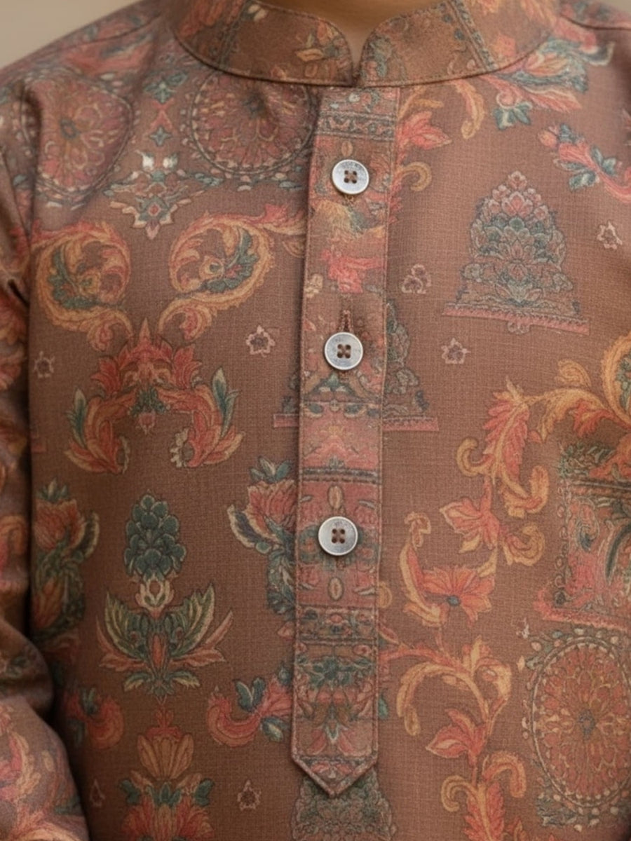 Boys Vibrant Digital Printed Kurta - Earthy Brown
