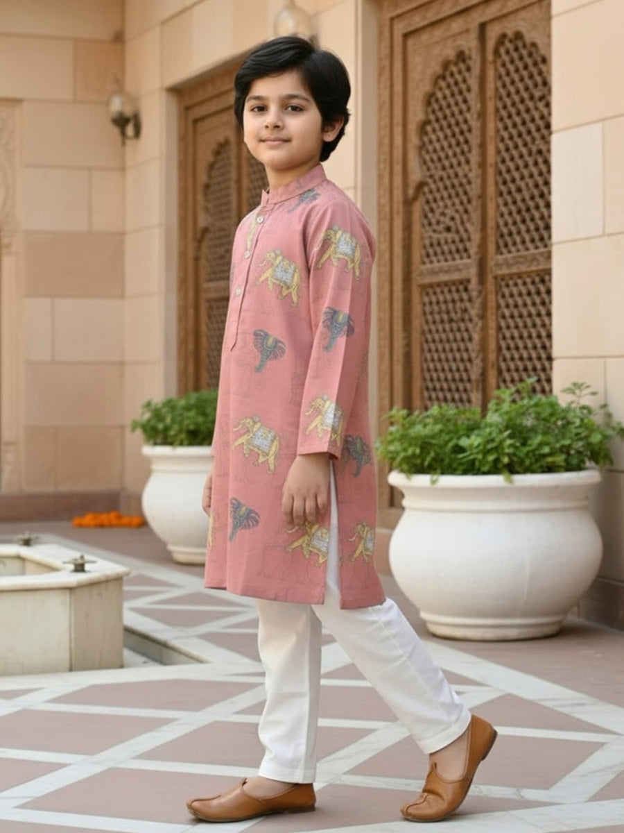Boys Vibrant Digital Printed Kurta Pyjama Set - Dusty Mauve