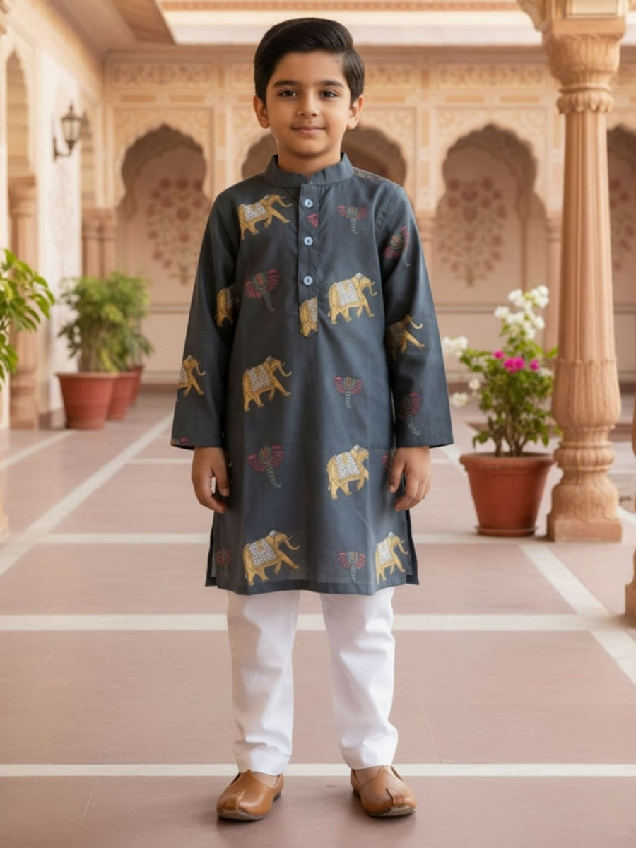 Boys Vibrant Digital Printed Kurta Pyjama Set - Slate Grey