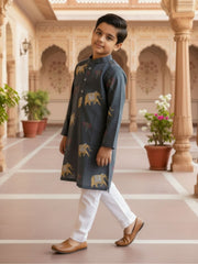 Boys Vibrant Digital Printed Kurta Pyjama Set - Slate Grey