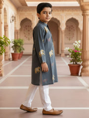 Boys Vibrant Digital Printed Kurta Pyjama Set - Slate Grey