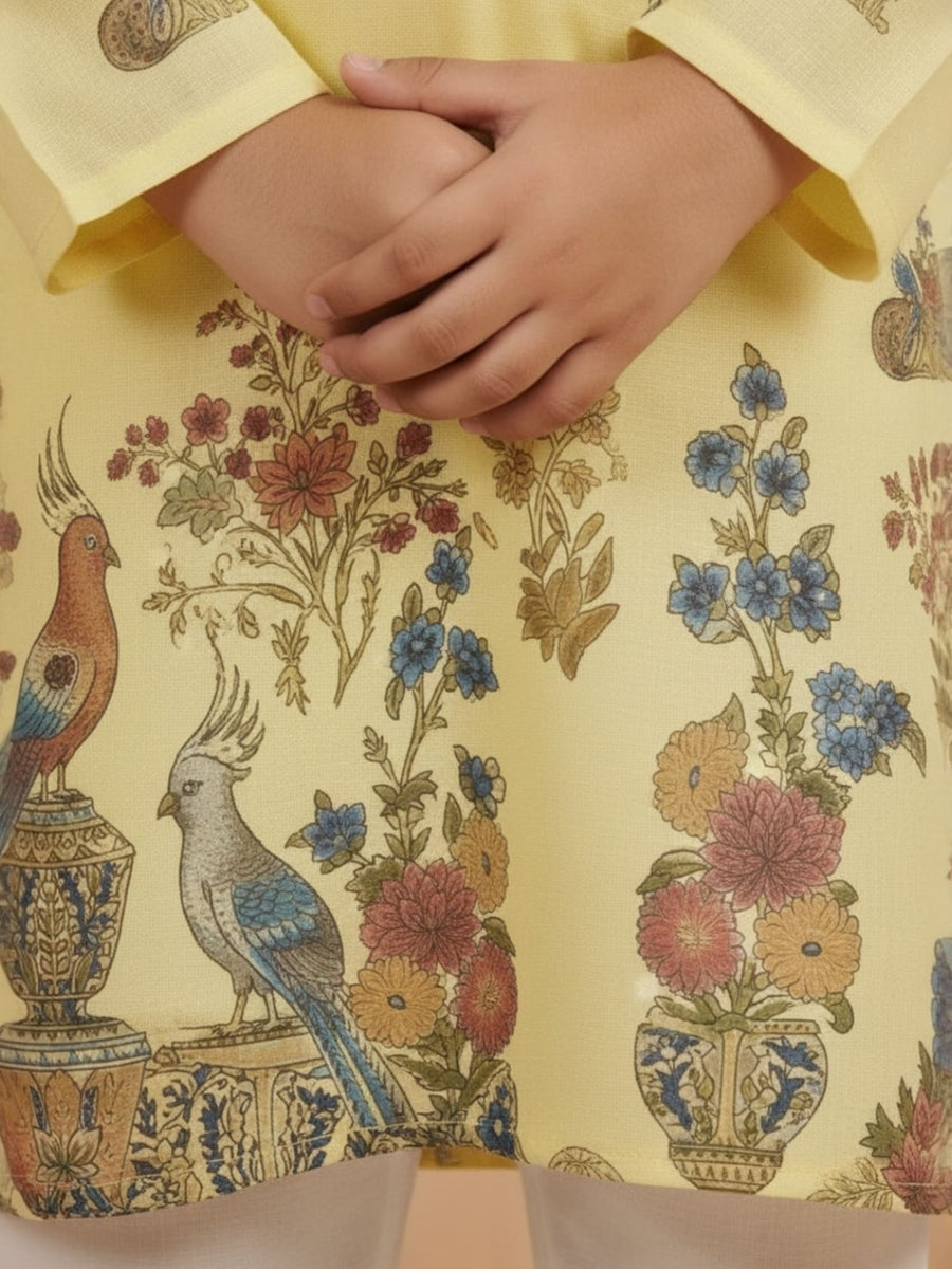 Boys Vibrant Digital Printed Kurta Pyjama Set - Pastel Yellow