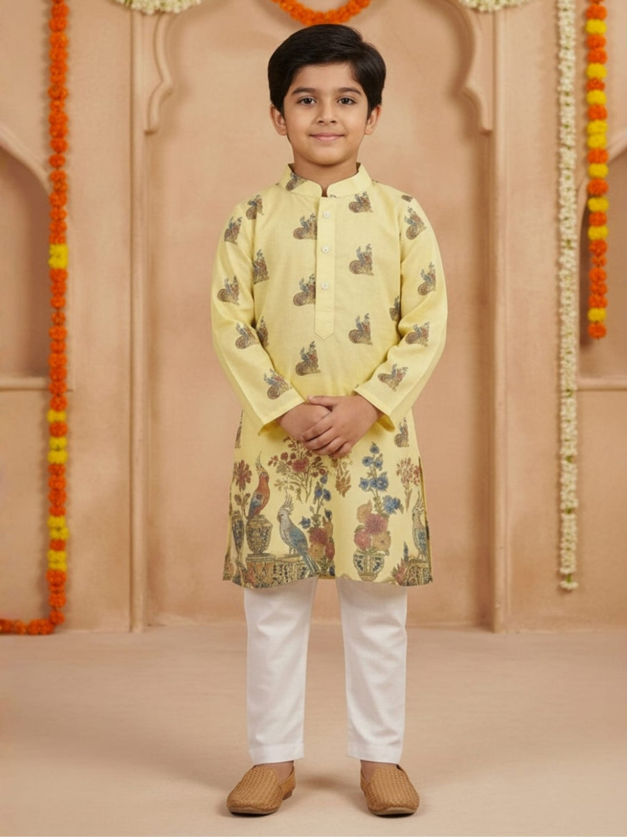 Boys Vibrant Digital Printed Kurta Pyjama Set - Pastel Yellow
