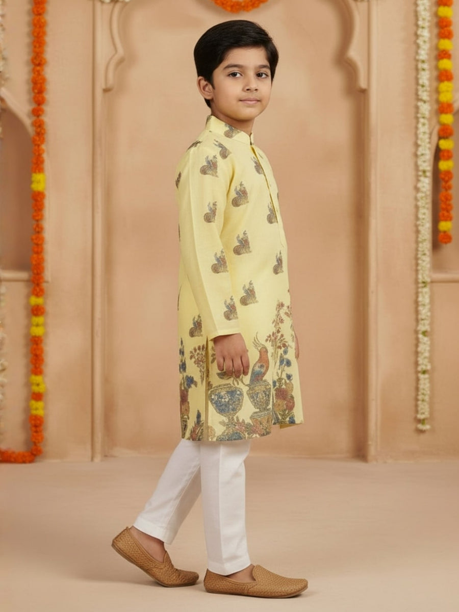 Boys Vibrant Digital Printed Kurta Pyjama Set - Pastel Yellow