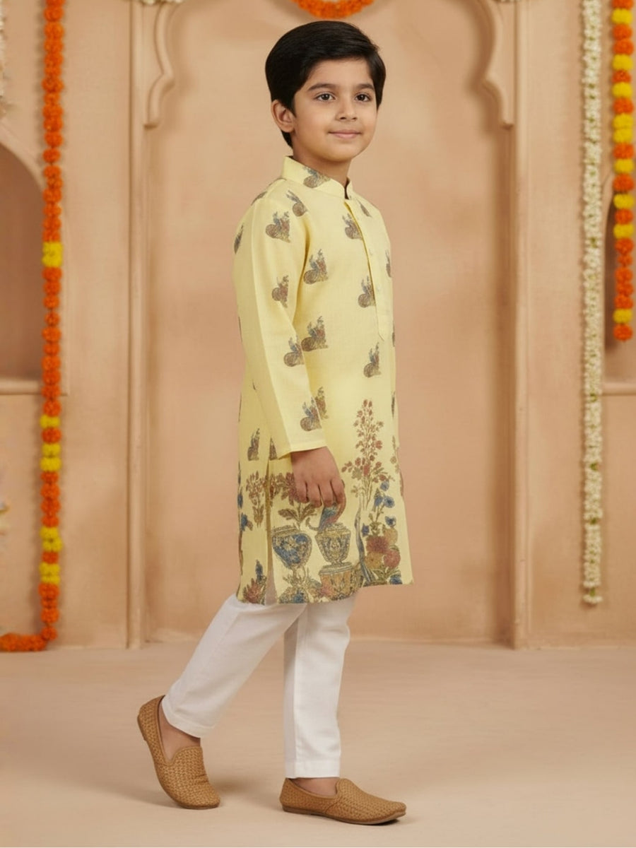 Boys Vibrant Digital Printed Kurta Pyjama Set - Pastel Yellow