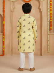 Boys Vibrant Digital Printed Kurta Pyjama Set - Pastel Yellow