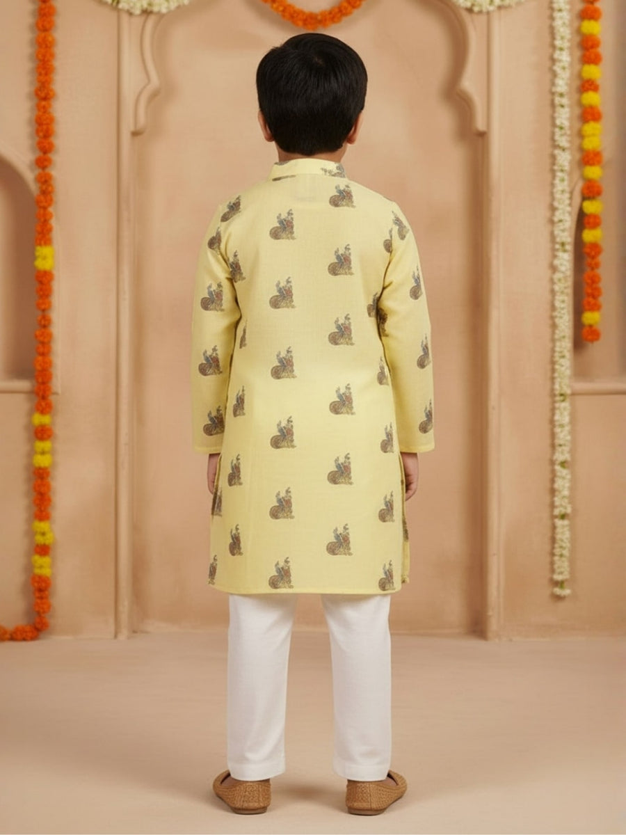 Boys Vibrant Digital Printed Kurta Pyjama Set - Pastel Yellow