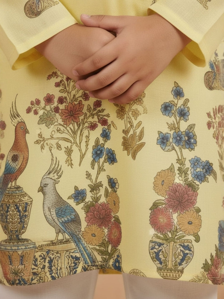 Boys Vibrant Digital Printed Kurta - Pastel Yellow