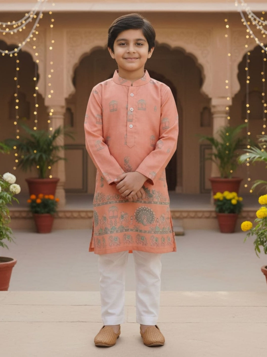 Boys Vibrant Digital Printed Kurta Pyjama Set - Peach