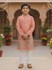 Boys Vibrant Digital Printed Kurta Pyjama Set - Peach